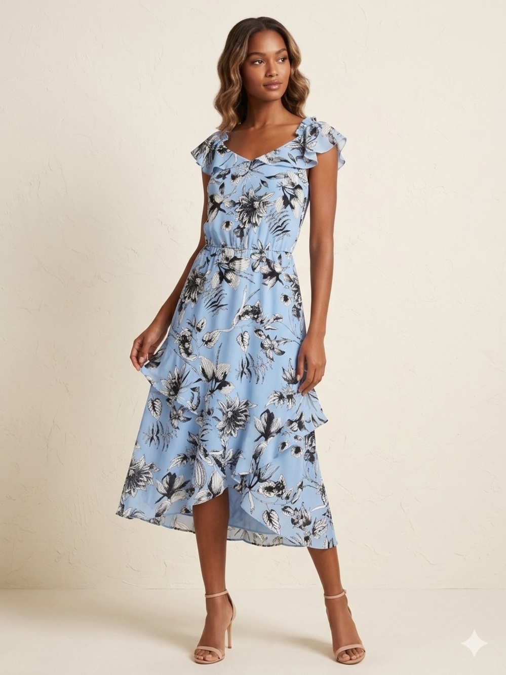 Parker Sky-Blue Floral Ruffle Midi Dress